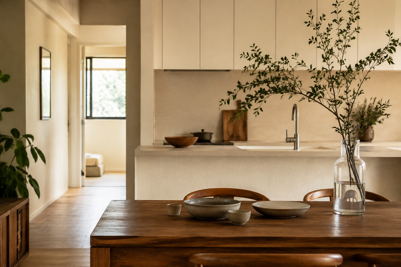 Natural light across a wooden dining table in a warm family kitchen.
