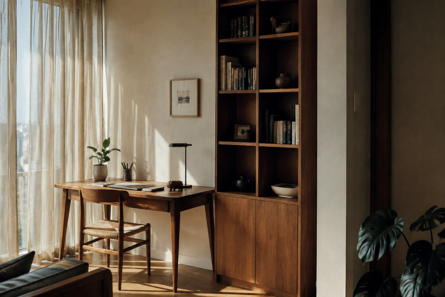 A quiet study corner with wooden shelves, books and natural light.